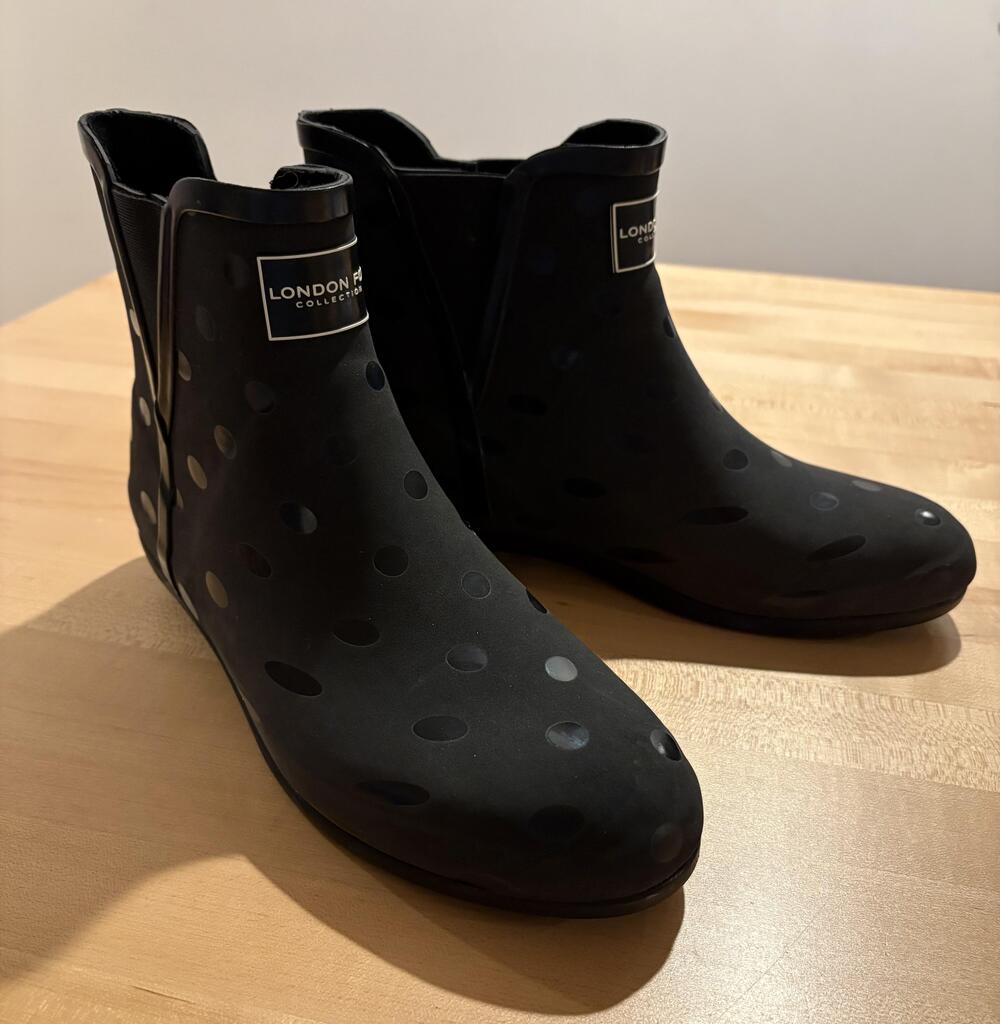 London Fog Boots Womens Size 11 Black Piccadilly Rain Ankle Polka Dot Print